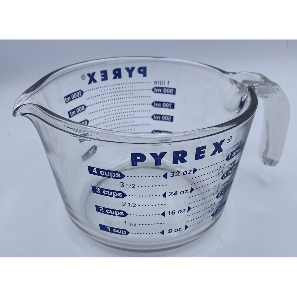 Vintage Pyrex 4 Cup 1 Qt. Blue Lettering Glass Liquid Measuring Cup Made In USA